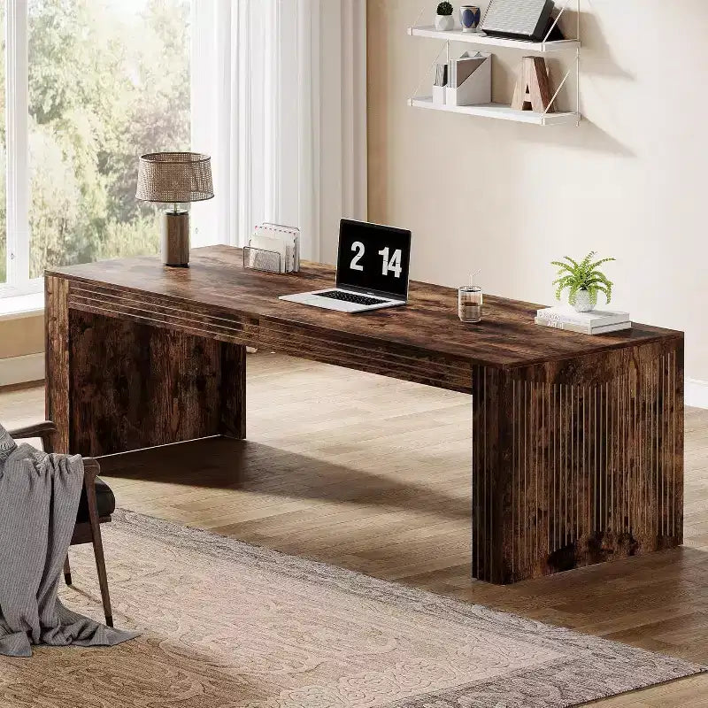 Bureau extra-long de 79 pouces, bureau double pour deux personnes à domicile, long bureau informatique en bois avec surface d’écriture pour le bureau, brun vintage