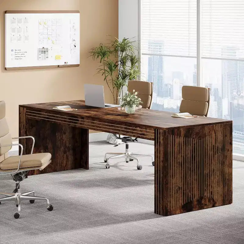 Bureau extra-long de 79 pouces, bureau double pour deux personnes à domicile, long bureau informatique en bois avec surface d’écriture pour le bureau, brun vintage