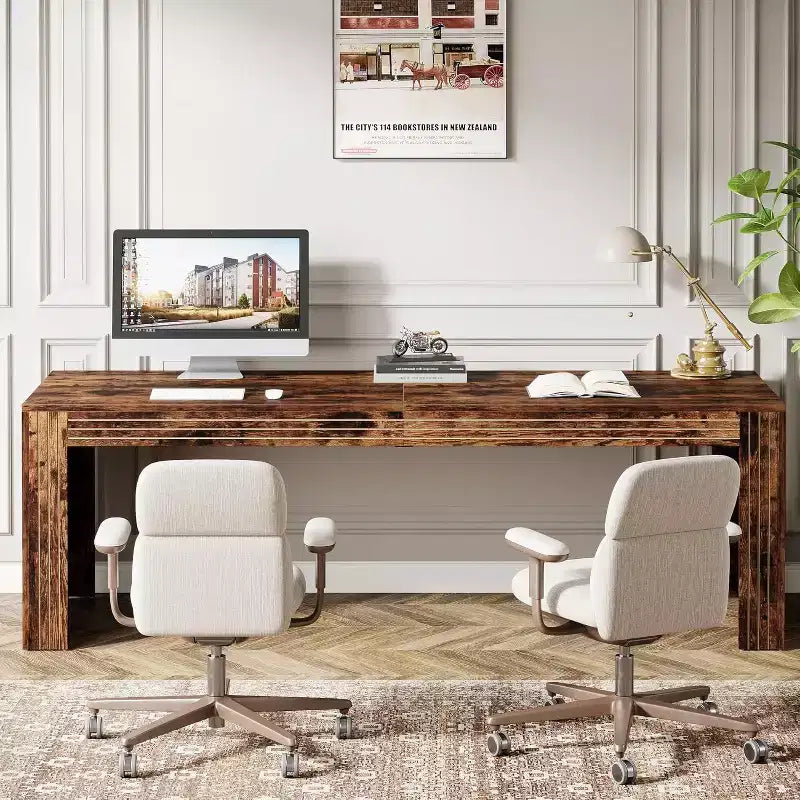 Bureau extra-long de 79 pouces, bureau double pour deux personnes à domicile, long bureau informatique en bois avec surface d’écriture pour le bureau, brun vintage