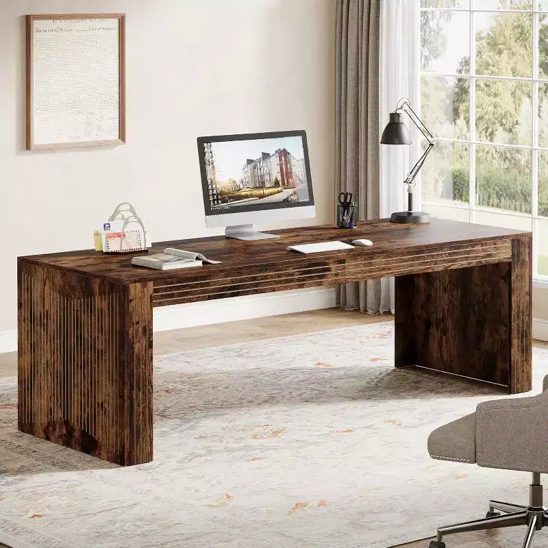 Bureau extra-long de 79 pouces, bureau double pour deux personnes à domicile, long bureau informatique en bois avec surface d’écriture pour le bureau, brun vintage
