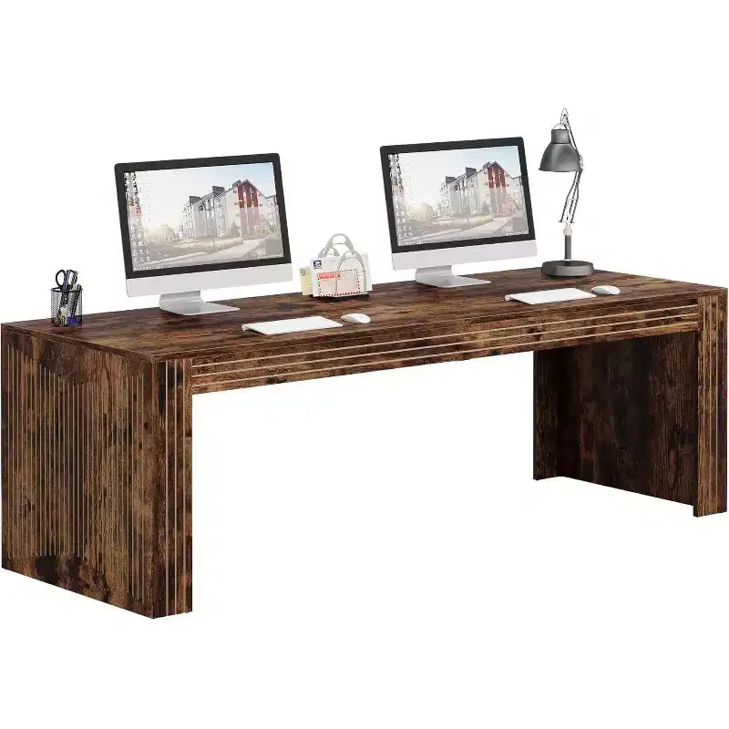 Bureau extra-long de 79 pouces, bureau double pour deux personnes à domicile, long bureau informatique en bois avec surface d’écriture pour le bureau, brun vintage