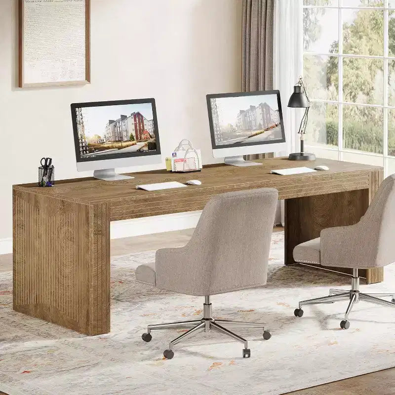 Bureau extra-long de 79 pouces, bureau double pour deux personnes à domicile, long bureau informatique en bois avec surface d’écriture pour le bureau, brun vintage
