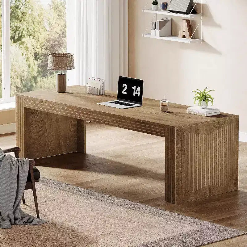 Bureau extra-long de 79 pouces, bureau double pour deux personnes à domicile, long bureau informatique en bois avec surface d’écriture pour le bureau, brun vintage