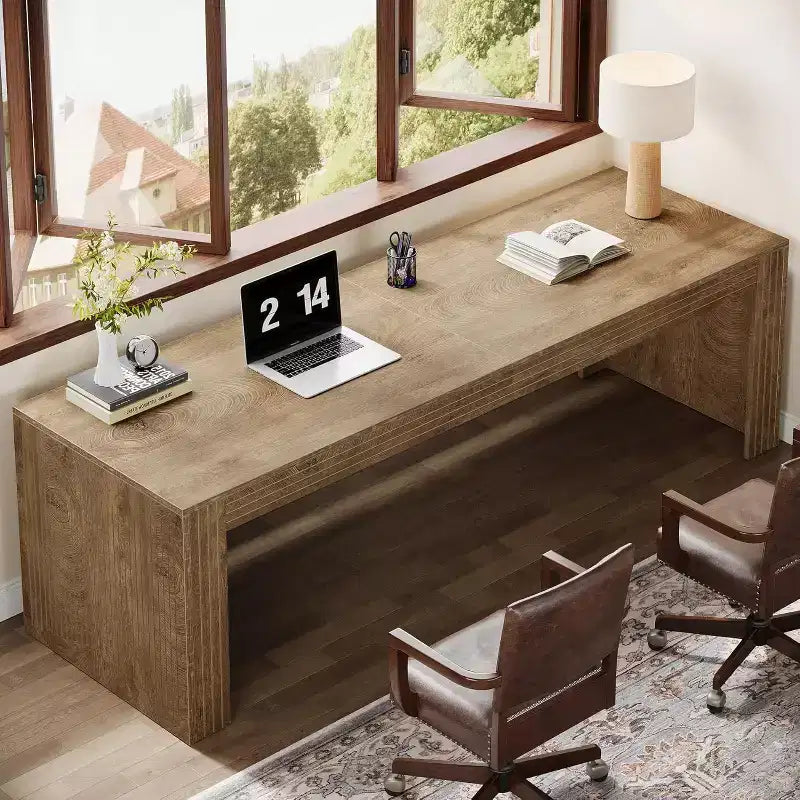 Bureau extra-long de 79 pouces, bureau double pour deux personnes à domicile, long bureau informatique en bois avec surface d’écriture pour le bureau, brun vintage