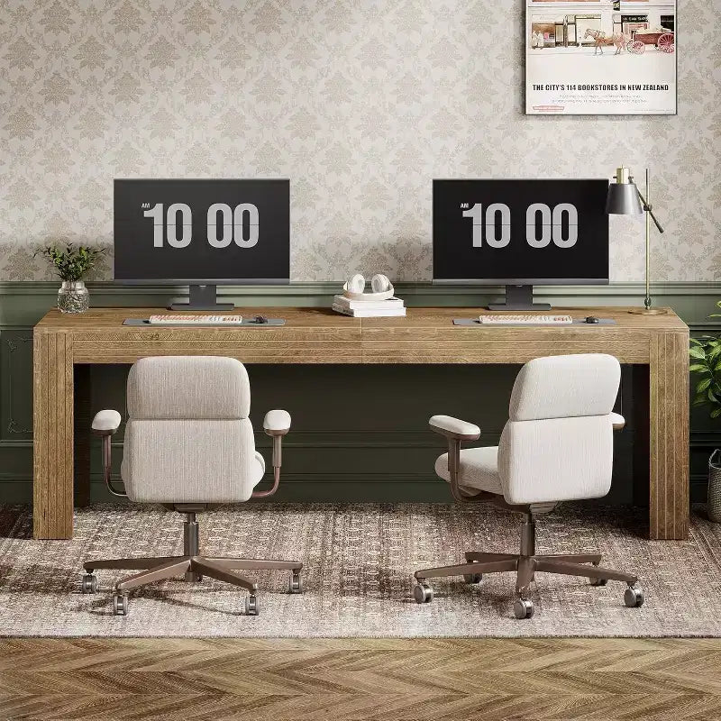 Bureau extra-long de 79 pouces, bureau double pour deux personnes à domicile, long bureau informatique en bois avec surface d’écriture pour le bureau, brun vintage