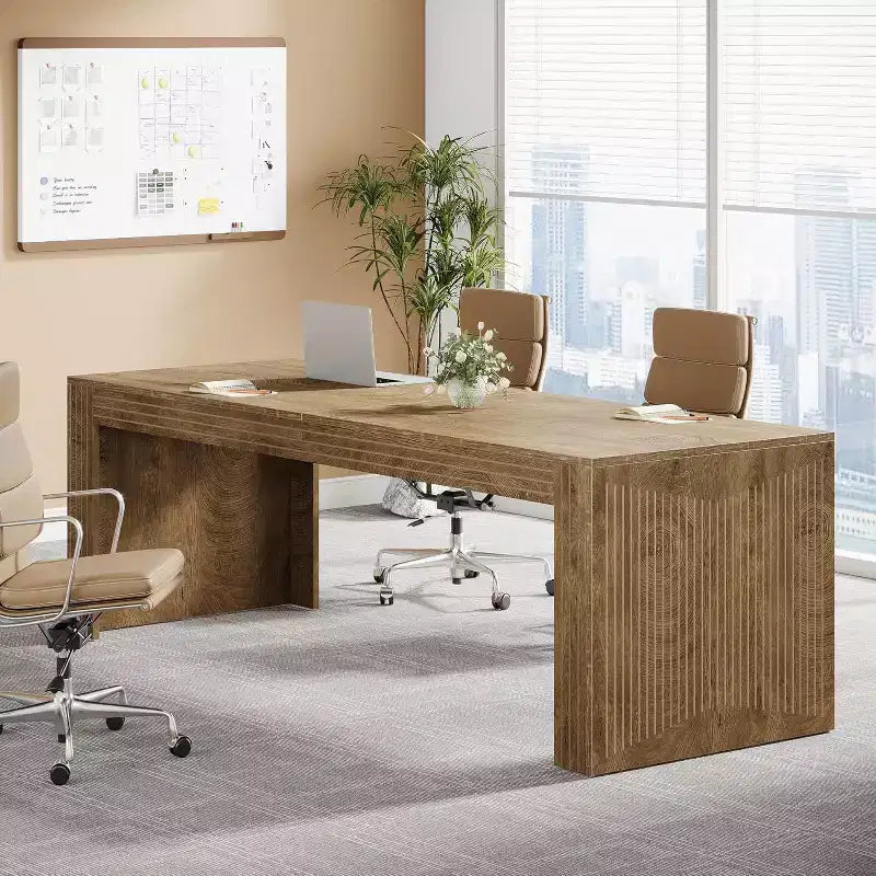 Bureau extra-long de 79 pouces, bureau double pour deux personnes à domicile, long bureau informatique en bois avec surface d’écriture pour le bureau, brun vintage