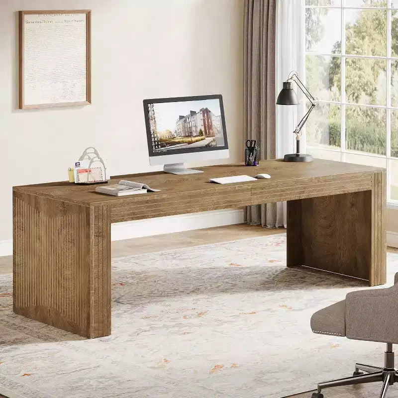 Bureau extra-long de 79 pouces, bureau double pour deux personnes à domicile, long bureau informatique en bois avec surface d’écriture pour le bureau, brun vintage