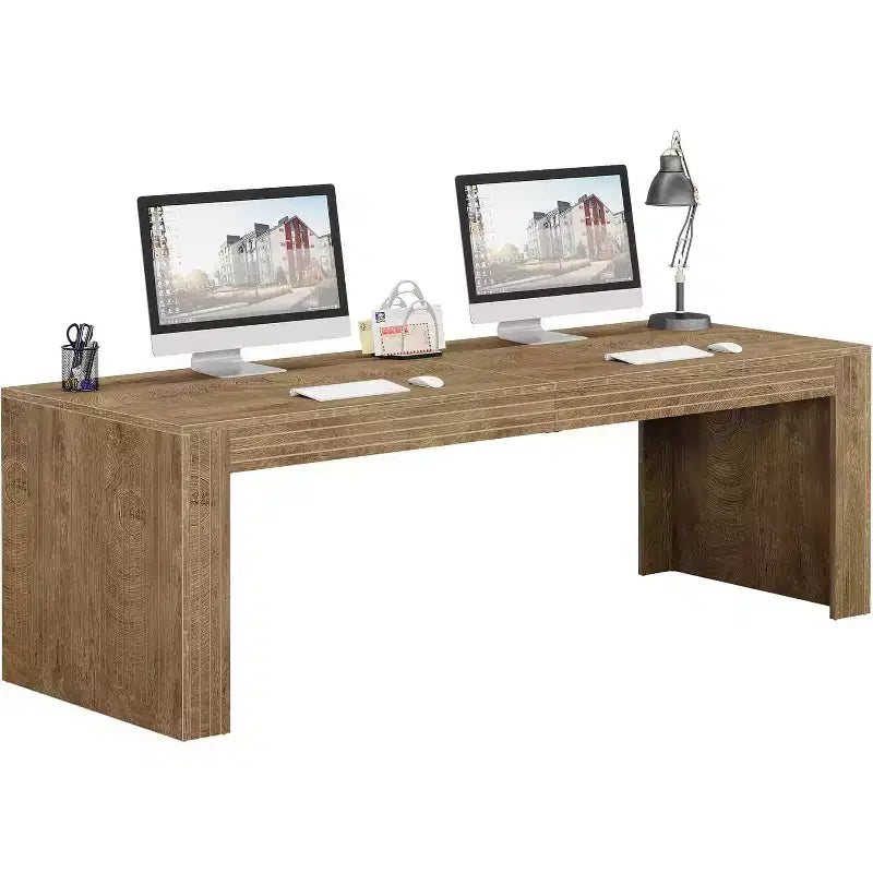 Bureau extra-long de 79 pouces, bureau double pour deux personnes à domicile, long bureau informatique en bois avec surface d’écriture pour le bureau, brun vintage