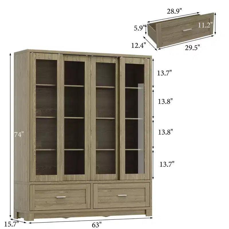 Placard de cuisine en chêne rustique de 63W avec portes coulissantes en verre et 2 grands tiroirs, grand vaisselier de rangement pour salle à manger