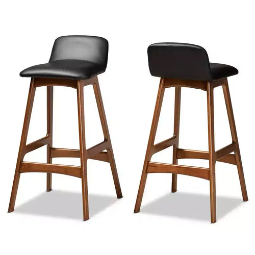 Baxton Studio 2pc Darrin Faux Leather and Wood Barstools Black/Walnut/Brown: Upholstered Oval Seat, 30" Fixed Height
