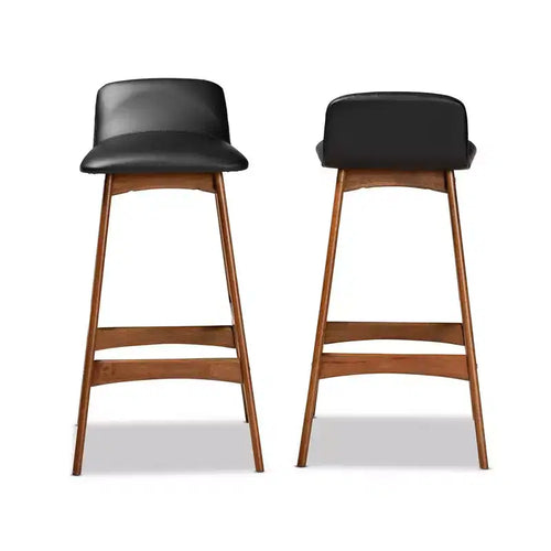 Juego de 2 taburetes de bar de cuero sintético y madera, negro/nogal/marrón: asiento ovalado tapizado, altura fija de 30"