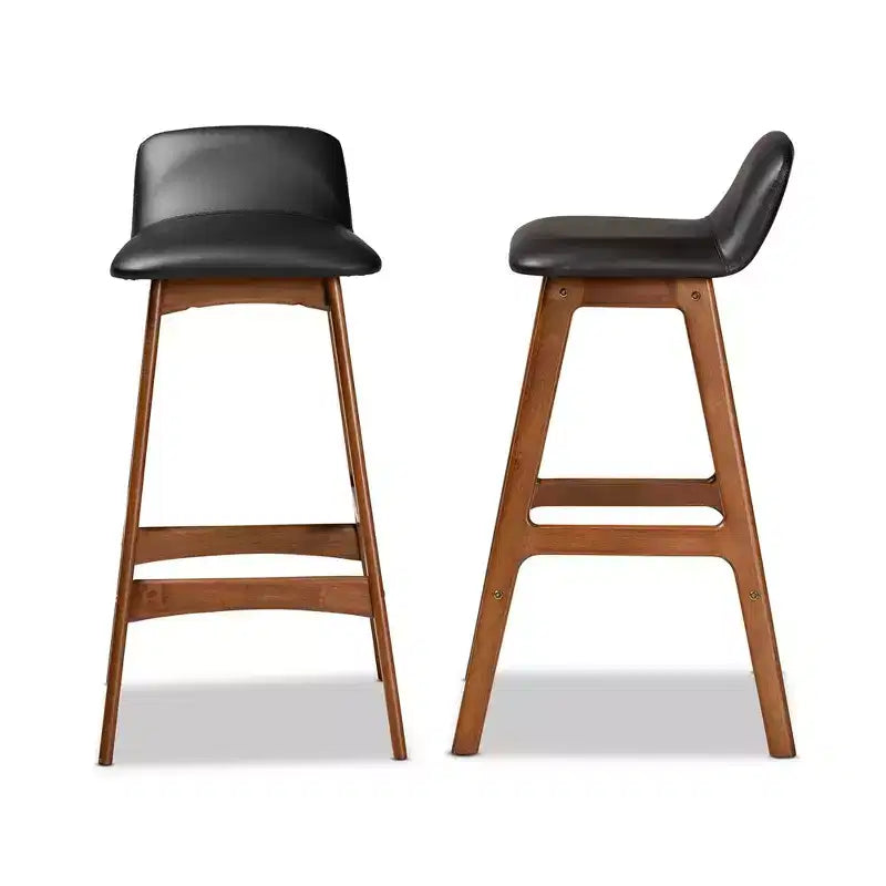 2 Barhocker aus Kunstleder und Holz, Schwarz/Walnussbraun/Braun: gepolsterte ovale Sitzfläche, feste Höhe 30"