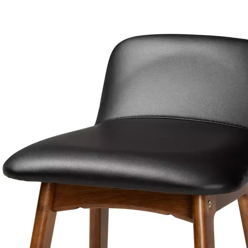 2 Barhocker aus Kunstleder und Holz, Schwarz/Walnussbraun/Braun: gepolsterte ovale Sitzfläche, feste Höhe 30"