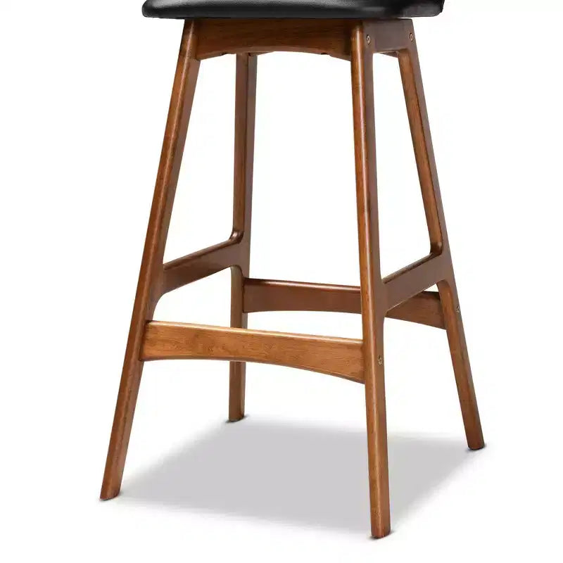 2 Barhocker aus Kunstleder und Holz, Schwarz/Walnussbraun/Braun: gepolsterte ovale Sitzfläche, feste Höhe 30"