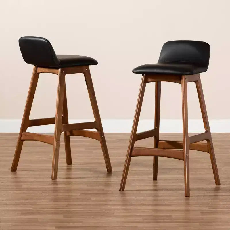 Juego de 2 taburetes de bar de cuero sintético y madera, negro/nogal/marrón: asiento ovalado tapizado, altura fija de 30"