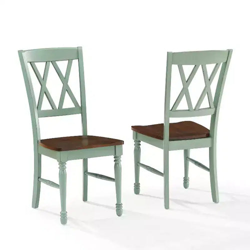 Juego de 2 sillas de comedor color verde azulado desgastado: estructura de madera de caucho, diseño sin brazos, capacidad de 250 lb