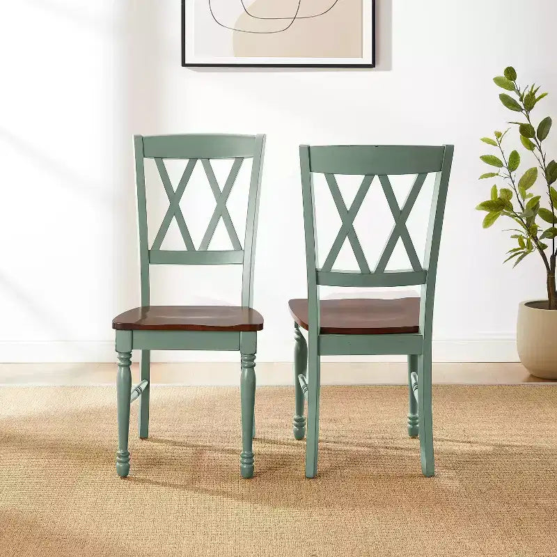 2er-Set Esszimmerstühle, Used-Look in Türkis: Gestell aus Gummibaumholz, ohne Armlehnen, belastbar bis 250 lb