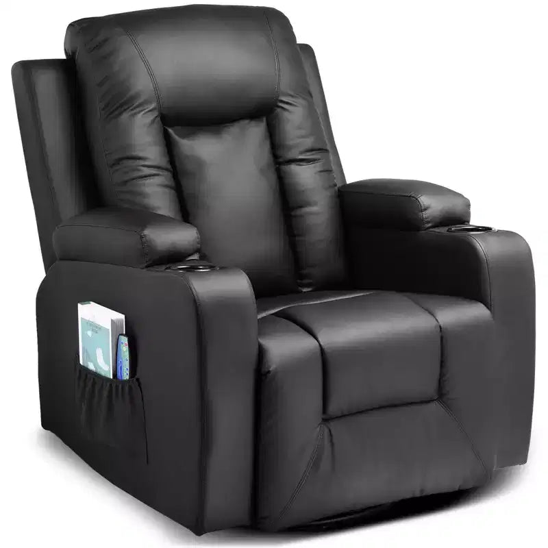 Relaxliegesessel mit Seitenhebel aus PU-Leder, Schaukelsofa mit Heiz- und Massagefunktion, Schwarz