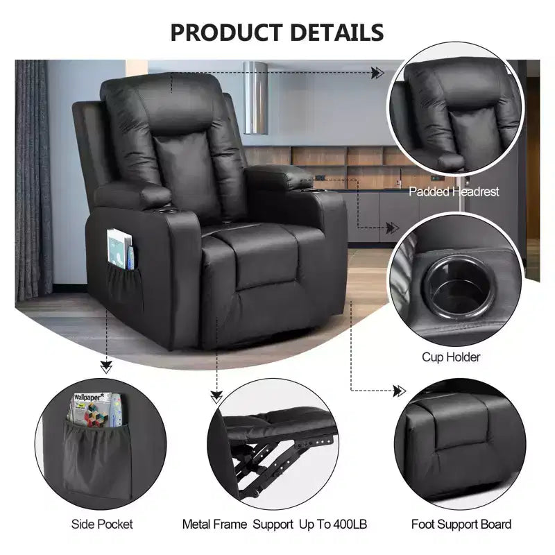 Relaxliegesessel mit Seitenhebel aus PU-Leder, Schaukelsofa mit Heiz- und Massagefunktion, Schwarz