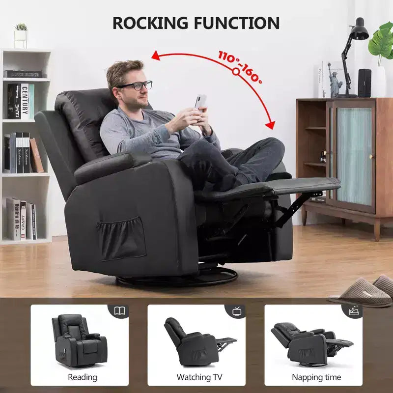 Relaxliegesessel mit Seitenhebel aus PU-Leder, Schaukelsofa mit Heiz- und Massagefunktion, Schwarz