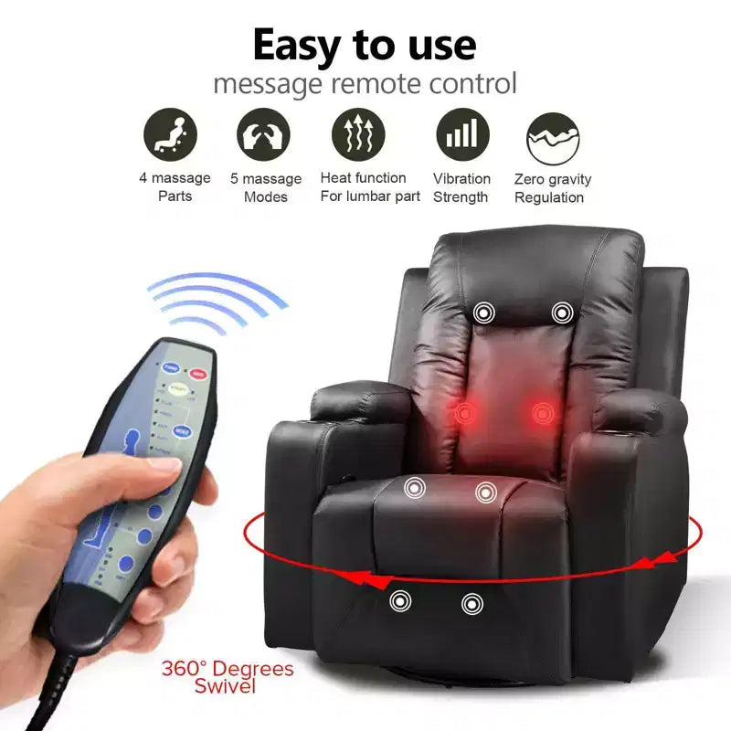 Relaxliegesessel mit Seitenhebel aus PU-Leder, Schaukelsofa mit Heiz- und Massagefunktion, Schwarz