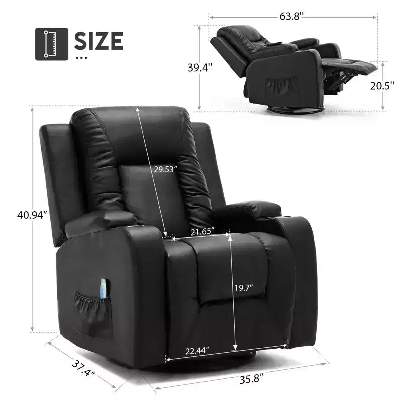 Relaxliegesessel mit Seitenhebel aus PU-Leder, Schaukelsofa mit Heiz- und Massagefunktion, Schwarz