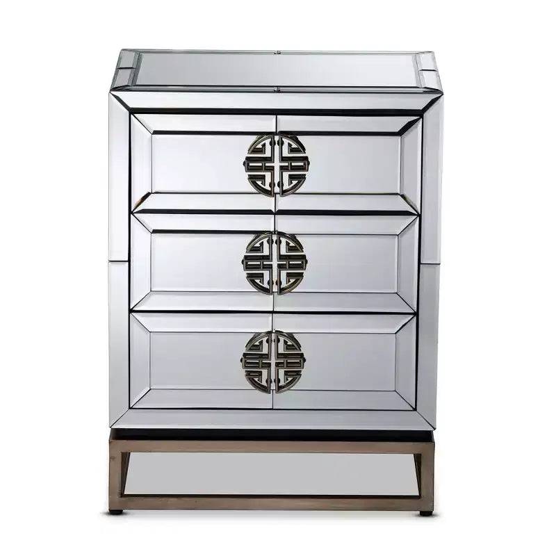 Nachttisch mit 3 Schubladen und Spiegelfront: elegantes Antikbronze-Finish, abgeschrägte Kanten, keine Montage erforderlich