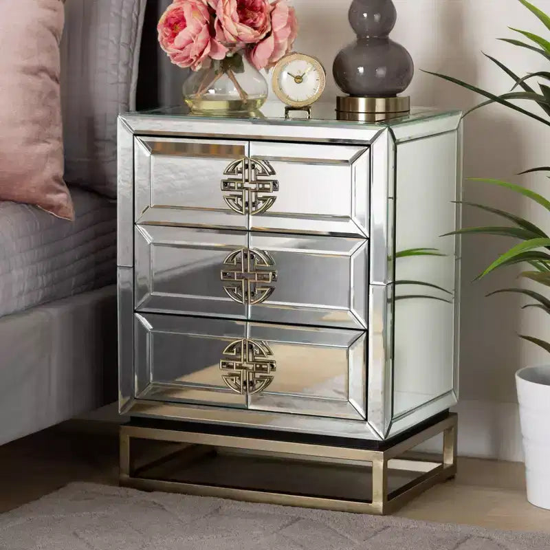 Nachttisch mit 3 Schubladen und Spiegelfront: elegantes Antikbronze-Finish, abgeschrägte Kanten, keine Montage erforderlich