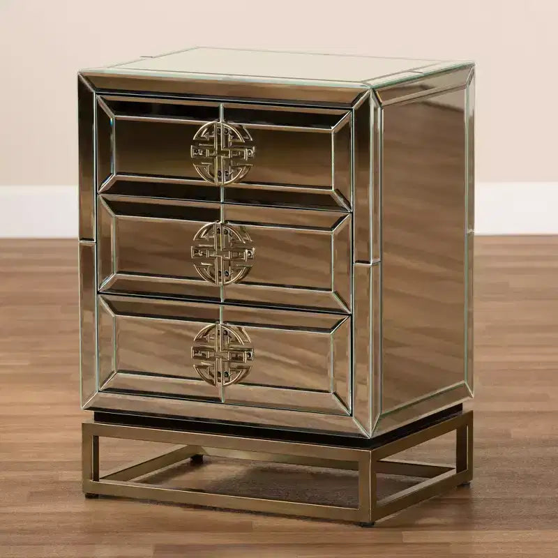 Nachttisch mit 3 Schubladen und Spiegelfront: elegantes Antikbronze-Finish, abgeschrägte Kanten, keine Montage erforderlich