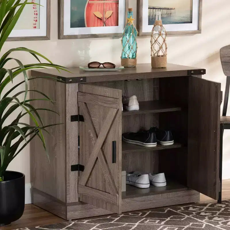 Meuble à chaussures en bois de style rustique, 2 portes, chêne brun : rangement d’entrée, peut contenir 9 paires