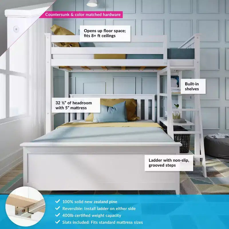 Etagenbett in L-Form aus Massivholz, Twin über Full, mit Bücherregal für Kinder