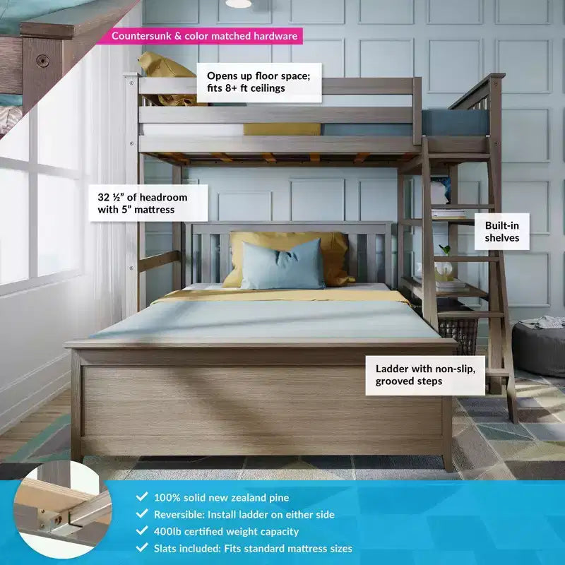 Etagenbett in L-Form aus Massivholz, Twin über Full, mit Bücherregal für Kinder