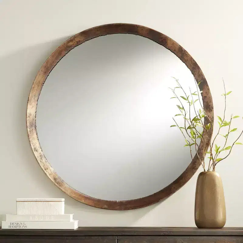 Miroir mural décoratif rond Tortin, cadre en métal martelé irrégulier de style rustique, largeur de 34 pouces, pour salle de bain, chambre, salon, bureau ou entrée