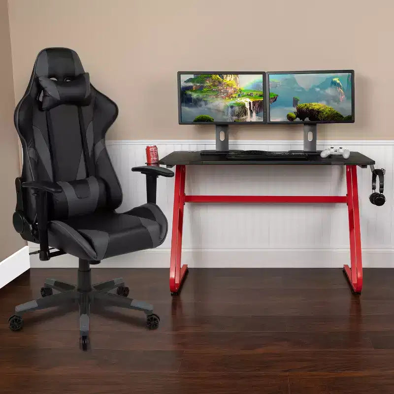 Ensemble bureau de jeu et chaise de jeu inclinable avec porte-gobelet et crochet pour casque