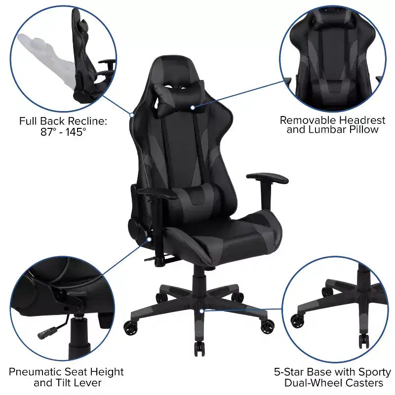 Ensemble bureau de jeu et chaise de jeu inclinable avec porte-gobelet et crochet pour casque