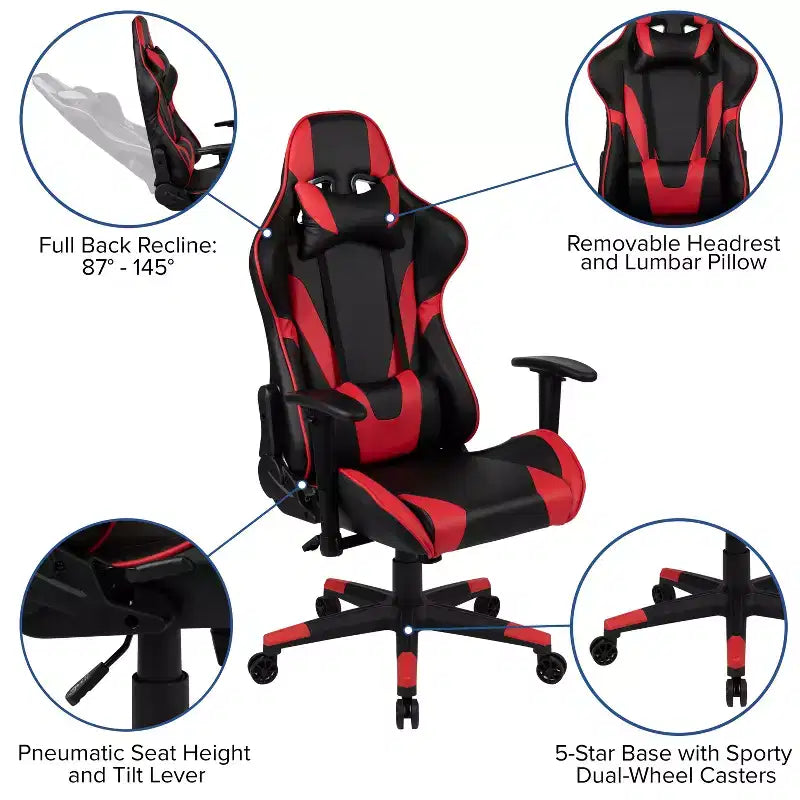 Ensemble bureau de jeu et chaise de jeu inclinable avec porte-gobelet et crochet pour casque