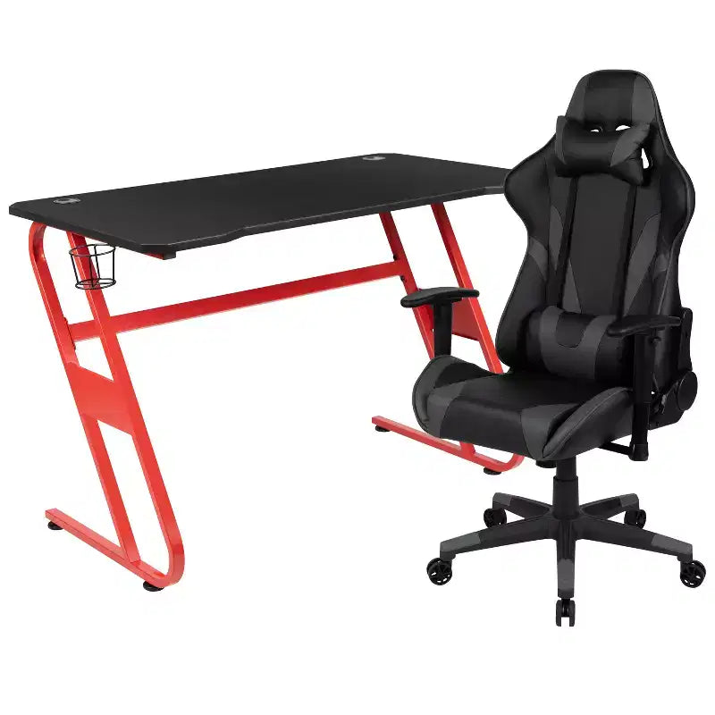 Ensemble bureau de jeu et chaise de jeu inclinable avec porte-gobelet et crochet pour casque