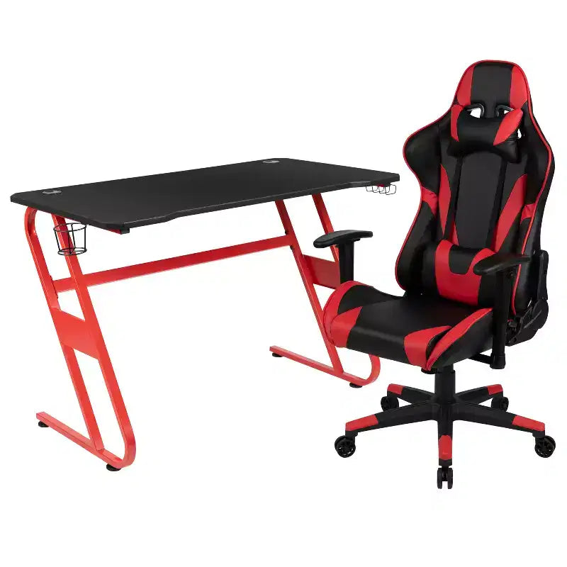 Ensemble bureau de jeu et chaise de jeu inclinable avec porte-gobelet et crochet pour casque