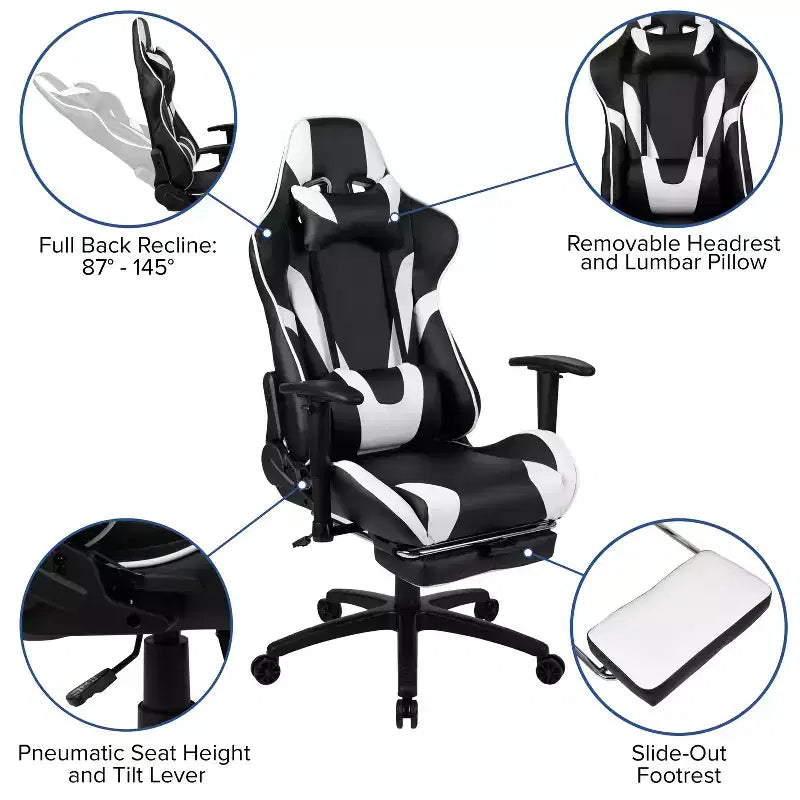 Chaise de jeu de course ergonomique pour bureau et ordinateur, avec dossier entièrement inclinable et coulisse