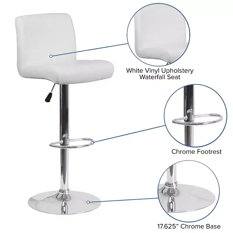 Moderner höhenverstellbarer Barhocker aus Vinyl mit gerollter Sitzfläche und verchromtem Fuß