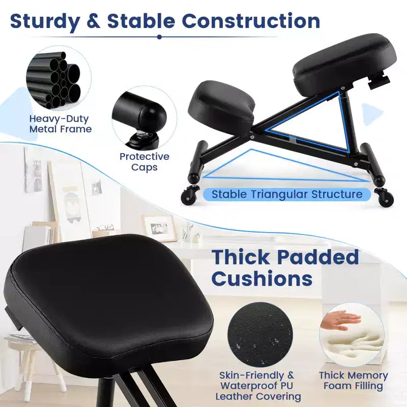 Chaise à genoux ergonomique réglable avec roulettes universelles verrouillables et siège inclinable
