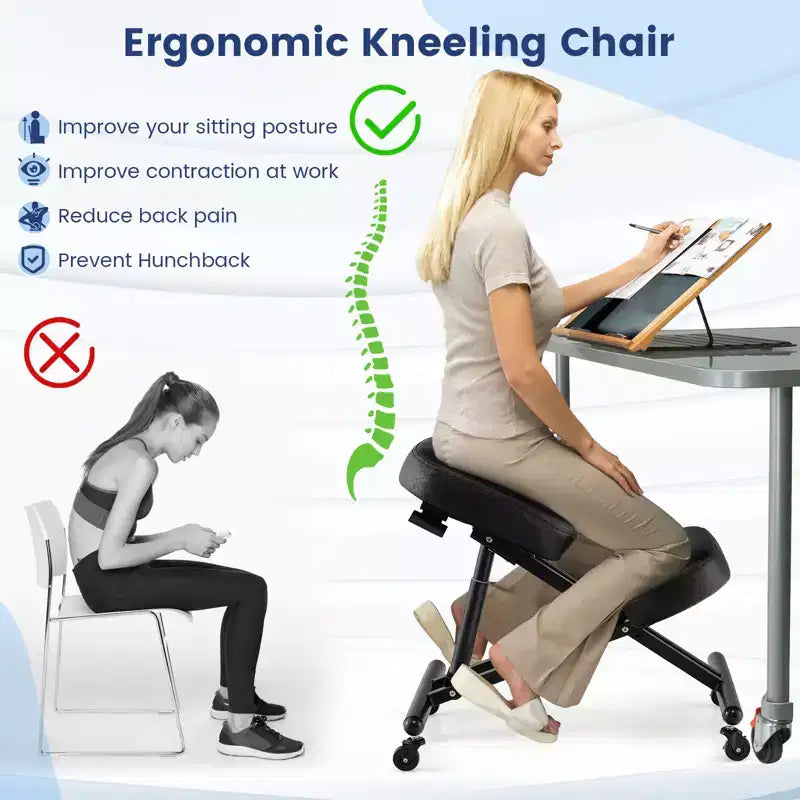 Chaise à genoux ergonomique réglable avec roulettes universelles verrouillables et siège inclinable
