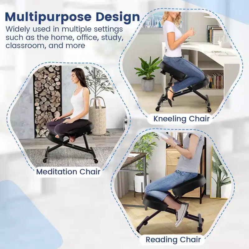 Chaise à genoux ergonomique réglable avec roulettes universelles verrouillables et siège inclinable
