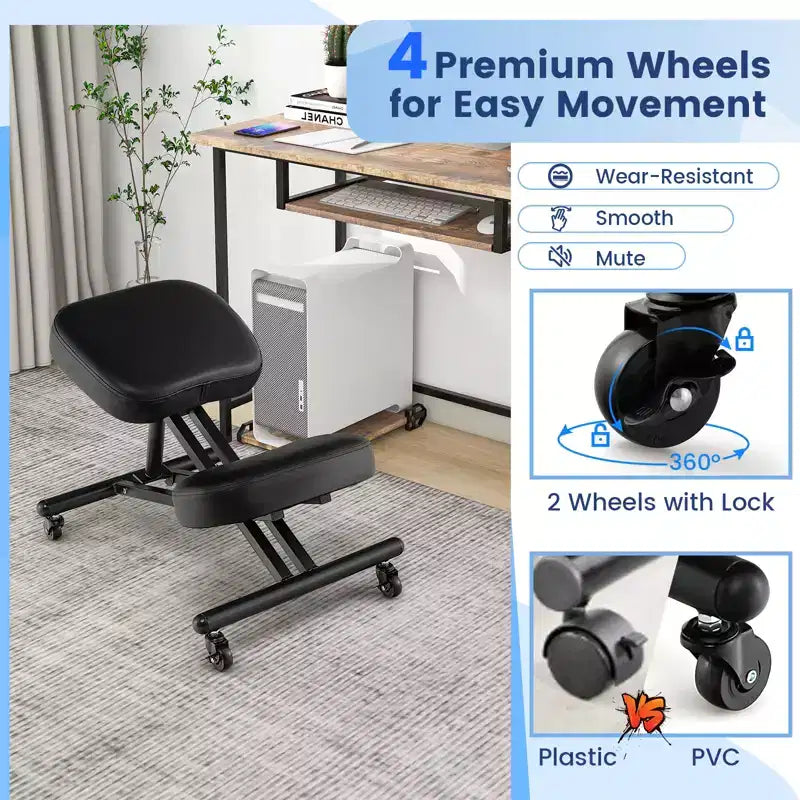 Chaise à genoux ergonomique réglable avec roulettes universelles verrouillables et siège inclinable